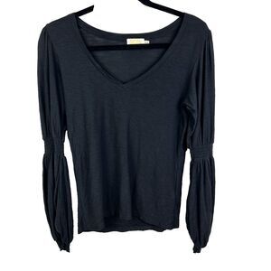 Nation LTD Anthropologie Black Long Ruched Puff Sleeve Top 100% Pima Cotton XS